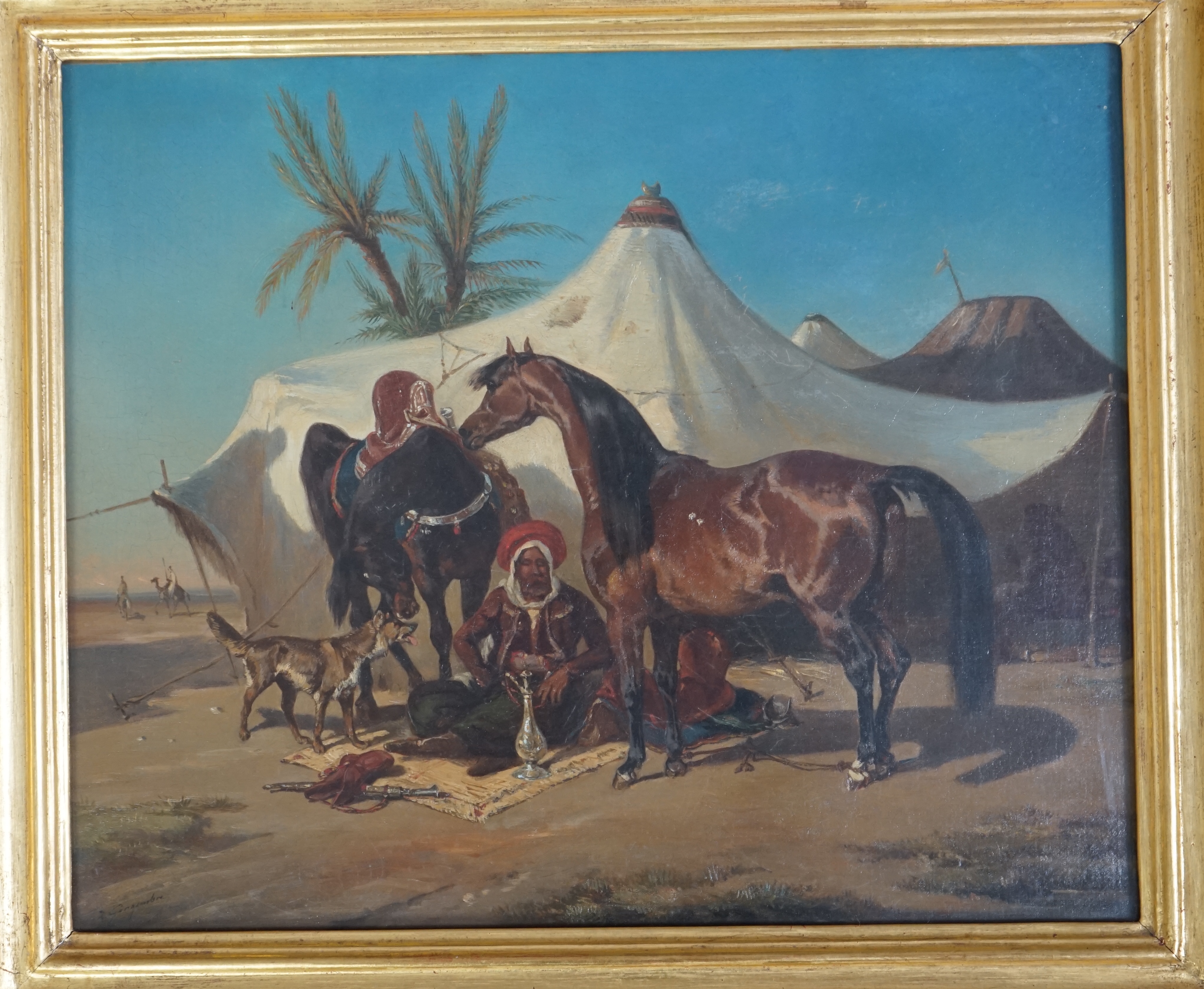 Joseph Zéphyris Gengembre (French, 1818-1870), Encampment in the desert with seated Arab warrior and horses, oil on canvas, 36 x 44cm